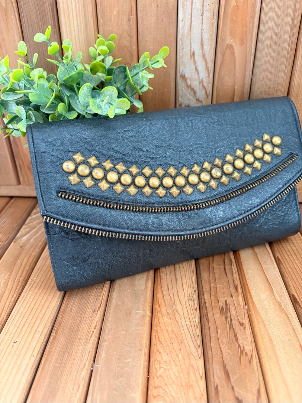 JJ Winters, Y2K Black Studded Leather Clutch, Gold Studs, Boho